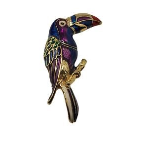 Vintage Toucan Brooch Colorful Enamel Bird Pin Large Statement